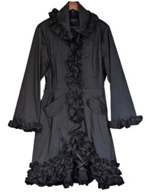 Samuel Dong Black Ruffle Trench Coat Dress Belted Full Zip Size L